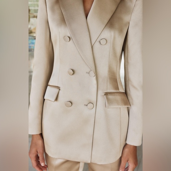 Zara Double Breasted Satin Effect Cream Tan Mink Blazer Suit Jacket Bridal - Picture 7 of 17